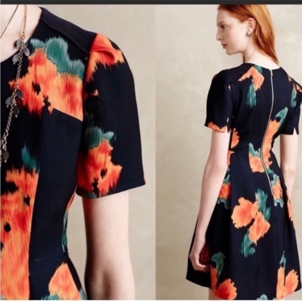 Anthropologie McGinn Poppy palette dress floral flowers cap sleeves structured 2